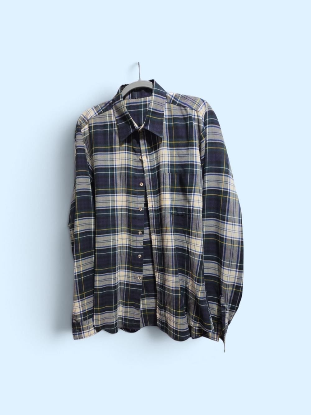 Men's Navy and White Plaid Button-Up Shirt